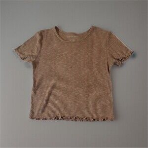 American Eagle Ribbed Knit Beige Lettuce Hem Cropped T-Shirt Striped Size S